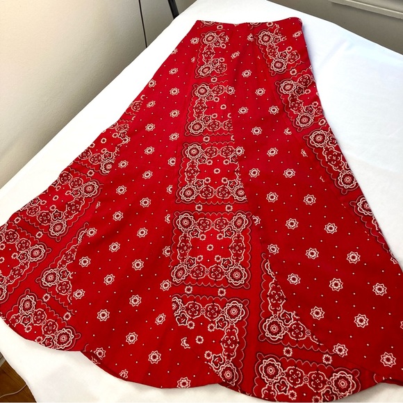 Vintage Cotton Canvas Patchwork Red Paisley Bandana Maxi Skirt - Picture 3 of 17